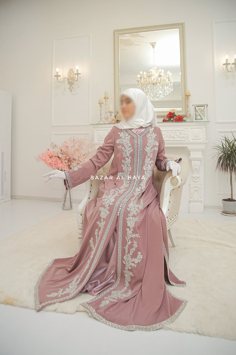 Duha Dusty Rose Moroccan Embroidered Luxurious Kaftan Abaya With Silk Dress & Belt Set - 3 Piece