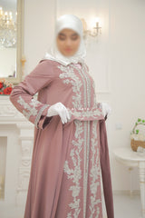 Duha Dusty Rose Moroccan Embroidered Luxurious Kaftan Abaya With Silk Dress & Belt Set - 3 Piece