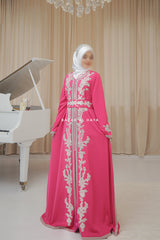 Duha Rassberry Moroccan Embroidered Luxurious Kaftan Abaya With Silk Dress & Belt Set - 3 Piece