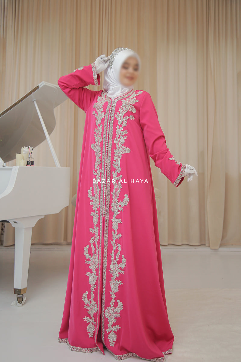 Duha Rassberry Moroccan Embroidered Luxurious Kaftan Abaya With Silk Dress & Belt Set - 3 Piece