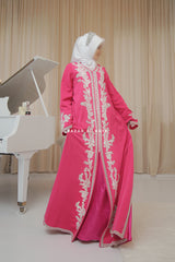 Duha Rassberry Moroccan Embroidered Luxurious Kaftan Abaya With Silk Dress & Belt Set - 3 Piece