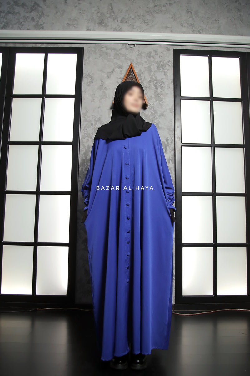 Safa Royal Blue Loose - Fit Abaya With Button Front - Silk Crepe