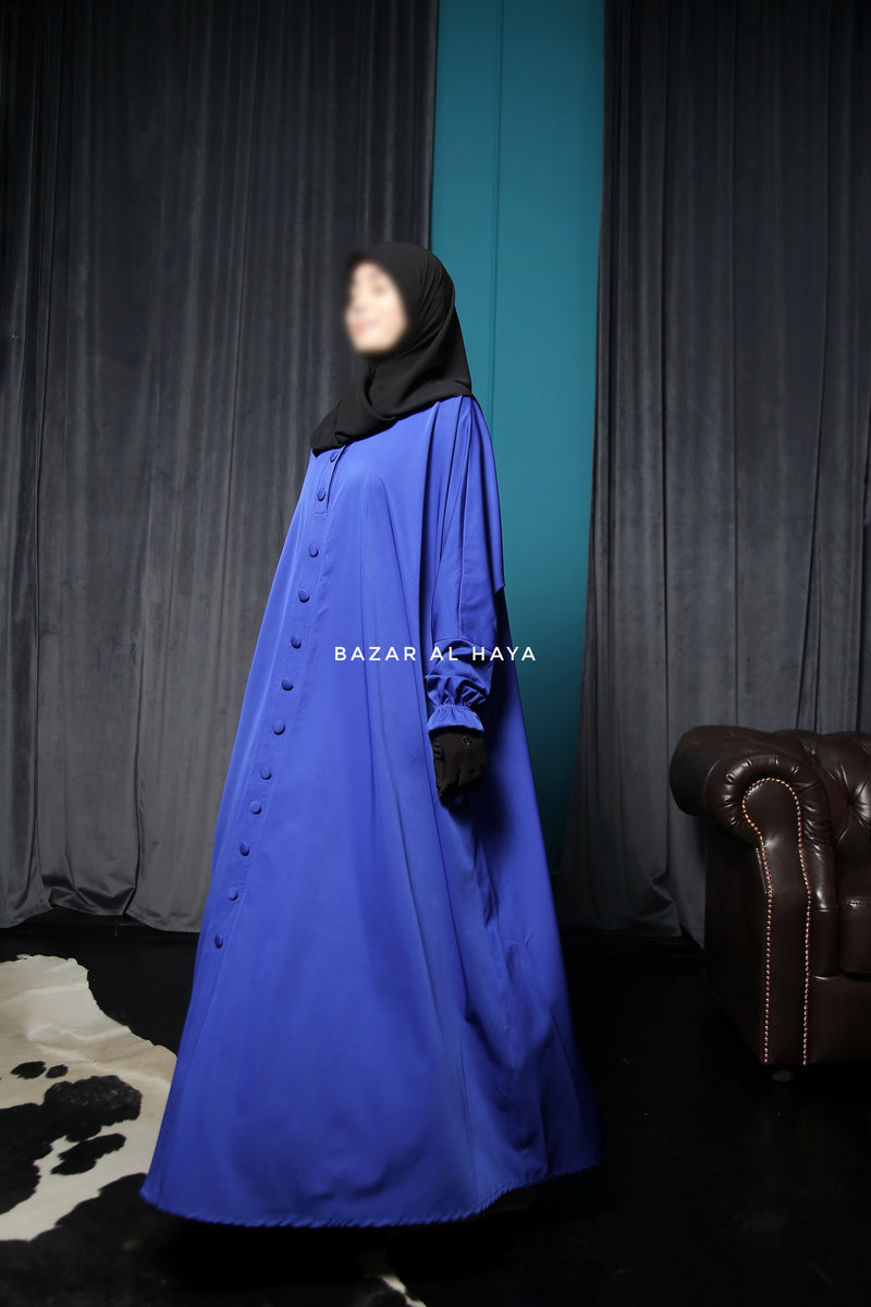 Safa Royal Blue Loose - Fit Abaya With Button Front - Silk Crepe