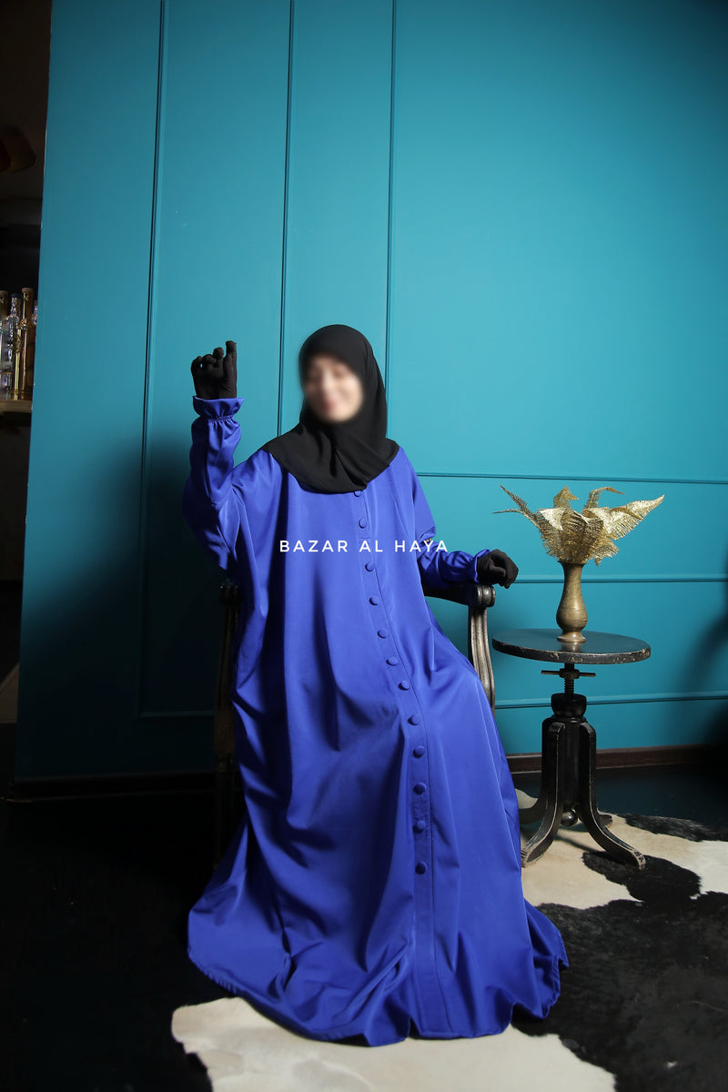 Safa Royal Blue Loose - Fit Abaya With Button Front - Silk Crepe