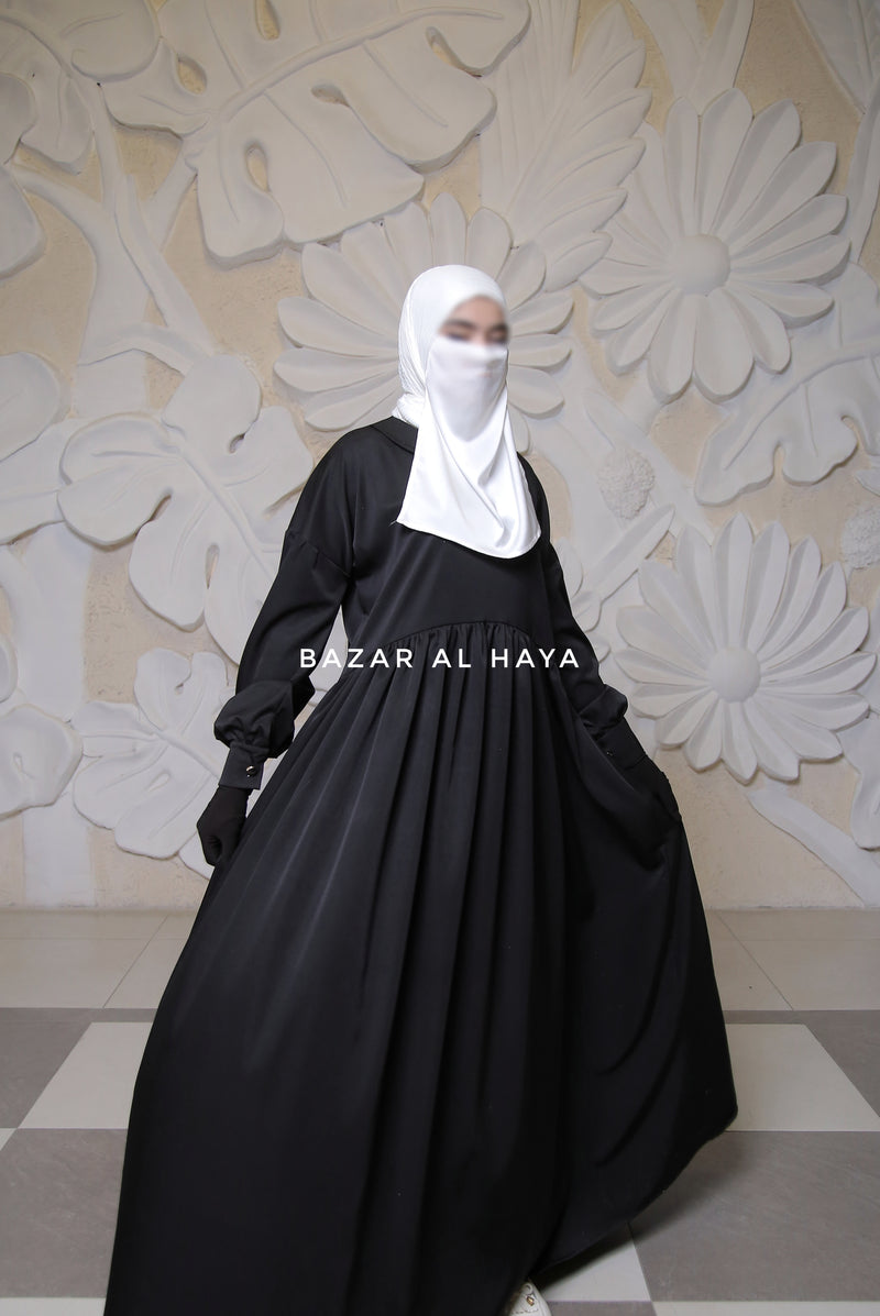 Erina Black Abaya Dress, Uniqe Round Collar Classic Design - Puff Sleeves