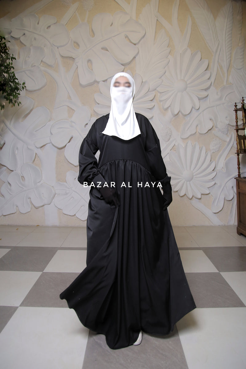 Erina Black Abaya Dress, Uniqe Round Collar Classic Design - Puff Sleeves