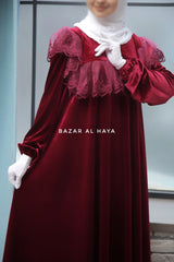 Burgundy Nabeela Dress With Lace Shoulder Detail - Premium Velour