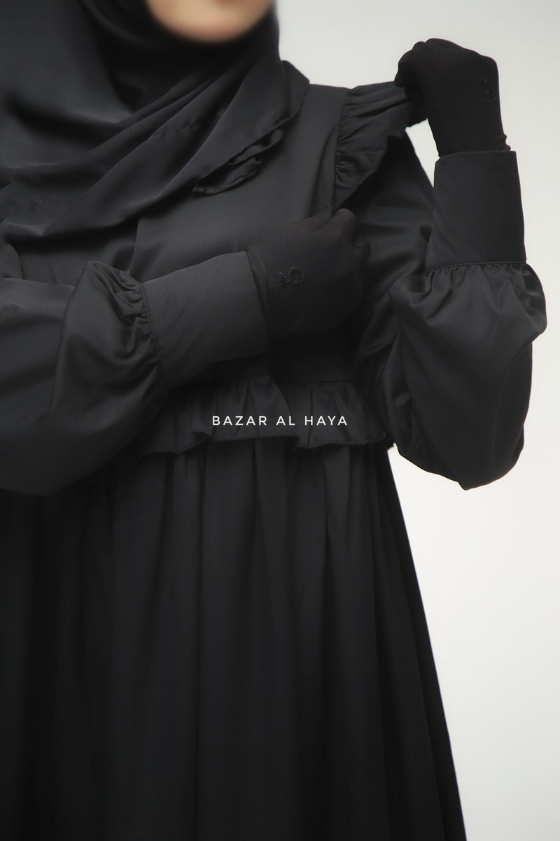 Black Zaina Ruffle Shoulders & Under Bust Abaya Dress - Soft Silk Crepe