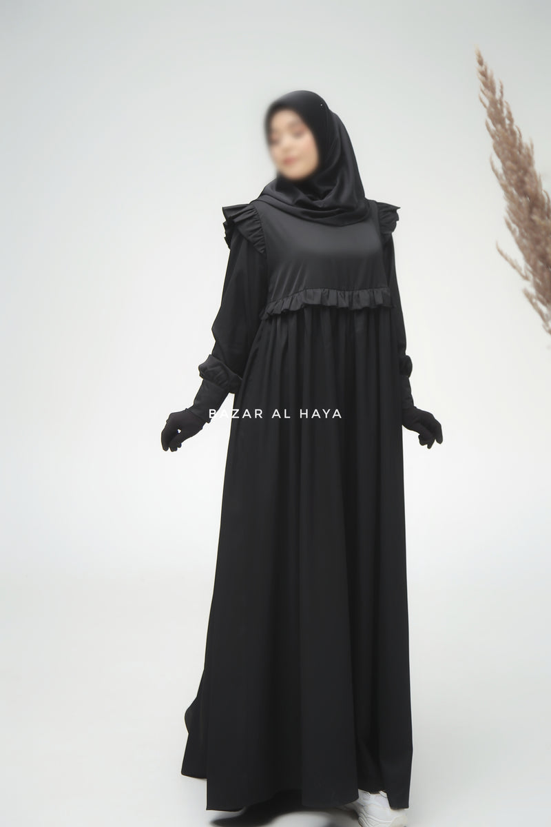 Black Zaina Ruffle Shoulders & Under Bust Abaya Dress - Soft Silk Crepe