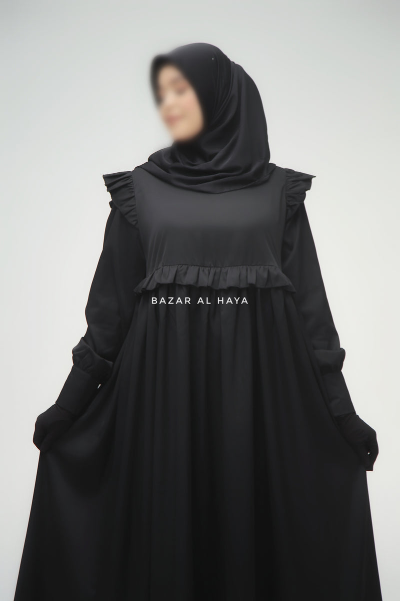 Black Zaina Ruffle Shoulders & Under Bust Abaya Dress - Soft Silk Crepe