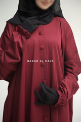 Burgundy Safa Loose - Fit Abaya With Button Front - Silk Crepe