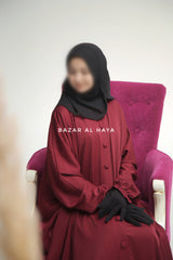 Burgundy Safa Loose - Fit Abaya With Button Front - Silk Crepe