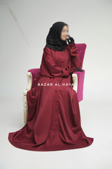 Burgundy Safa Loose - Fit Abaya With Button Front - Silk Crepe