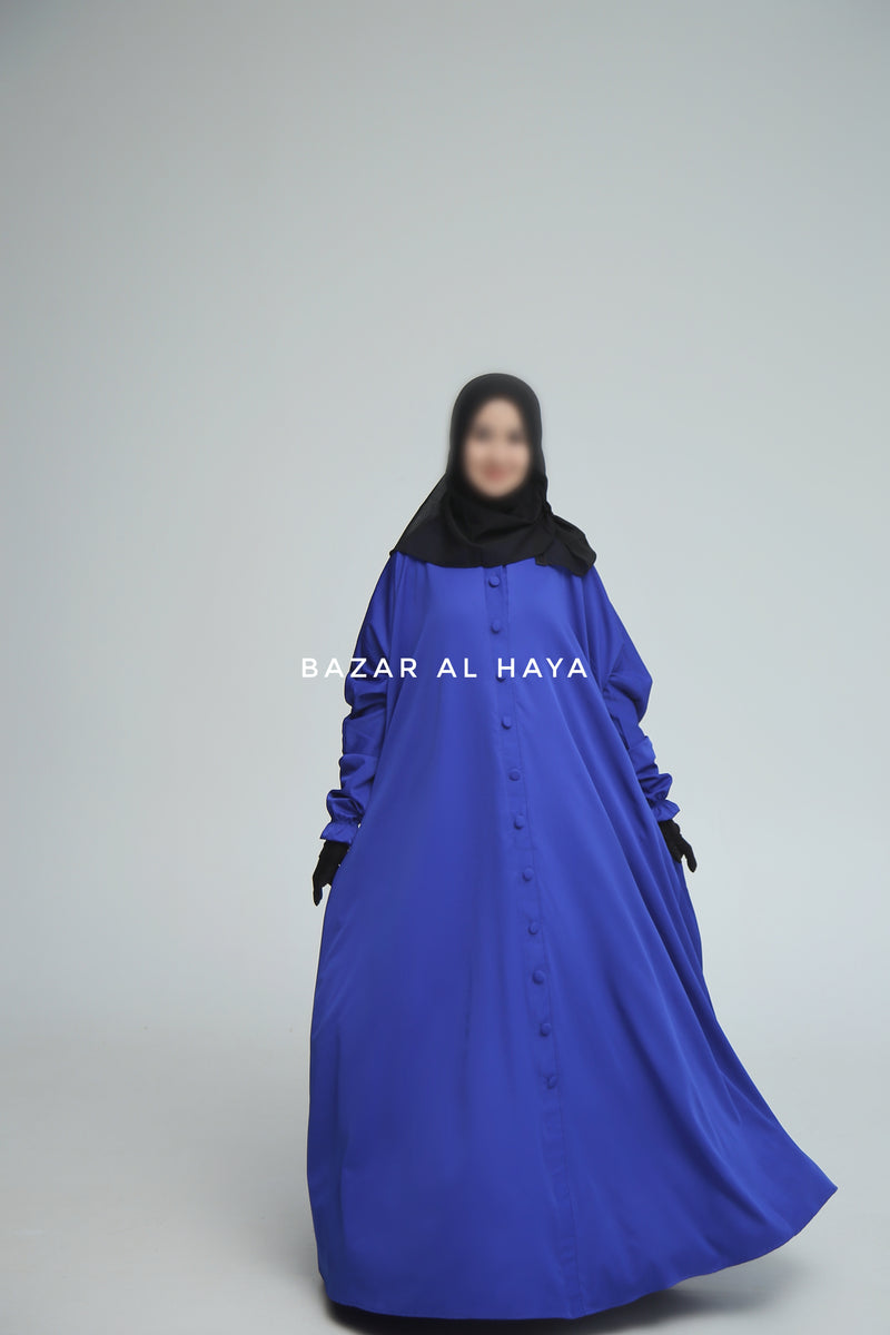 Royal Blue Safa Loose - Fit Abaya With Button Front - Silk Crepe