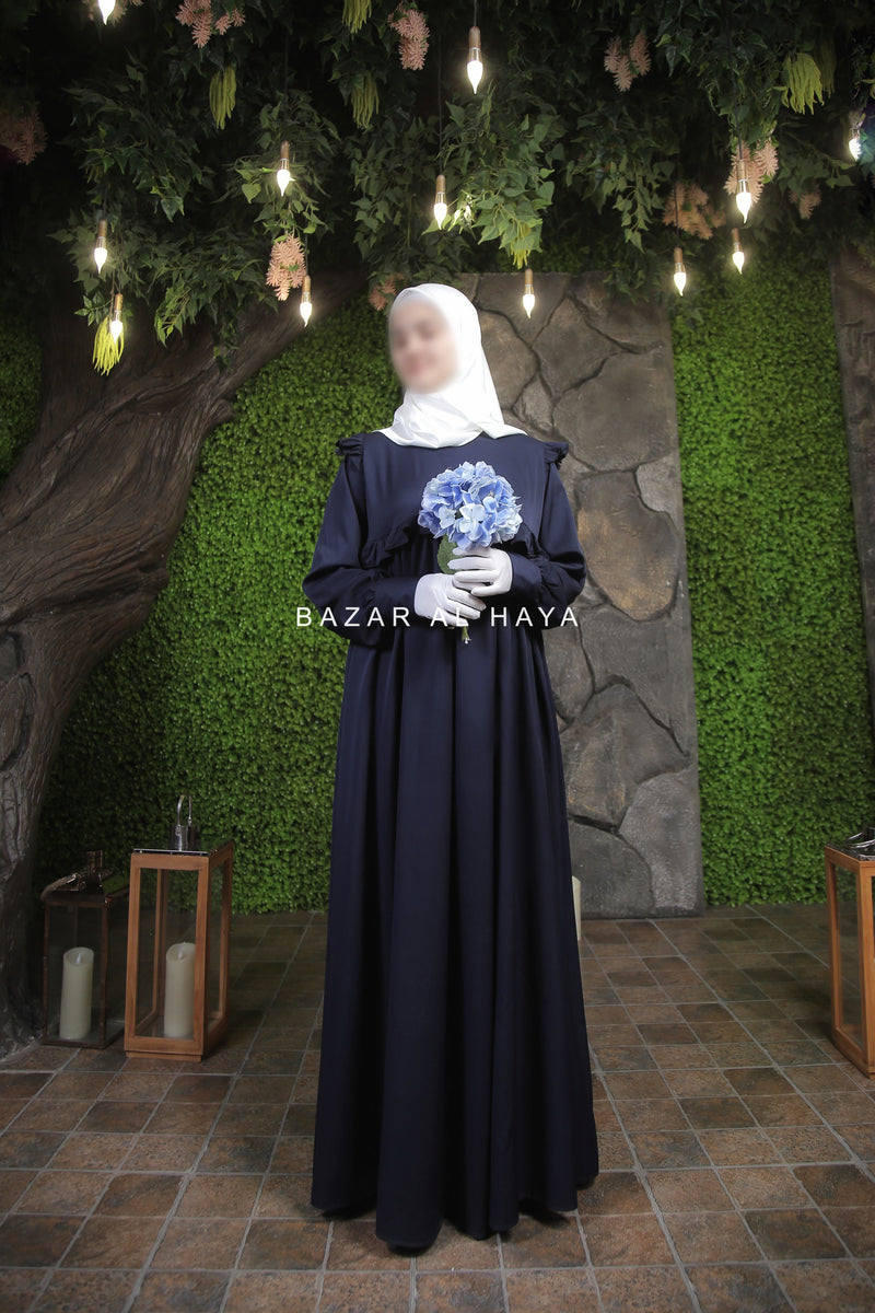 Navy Zaina Ruffle Shoulders & Under Bust Abaya Dress - Soft Silk Crepe