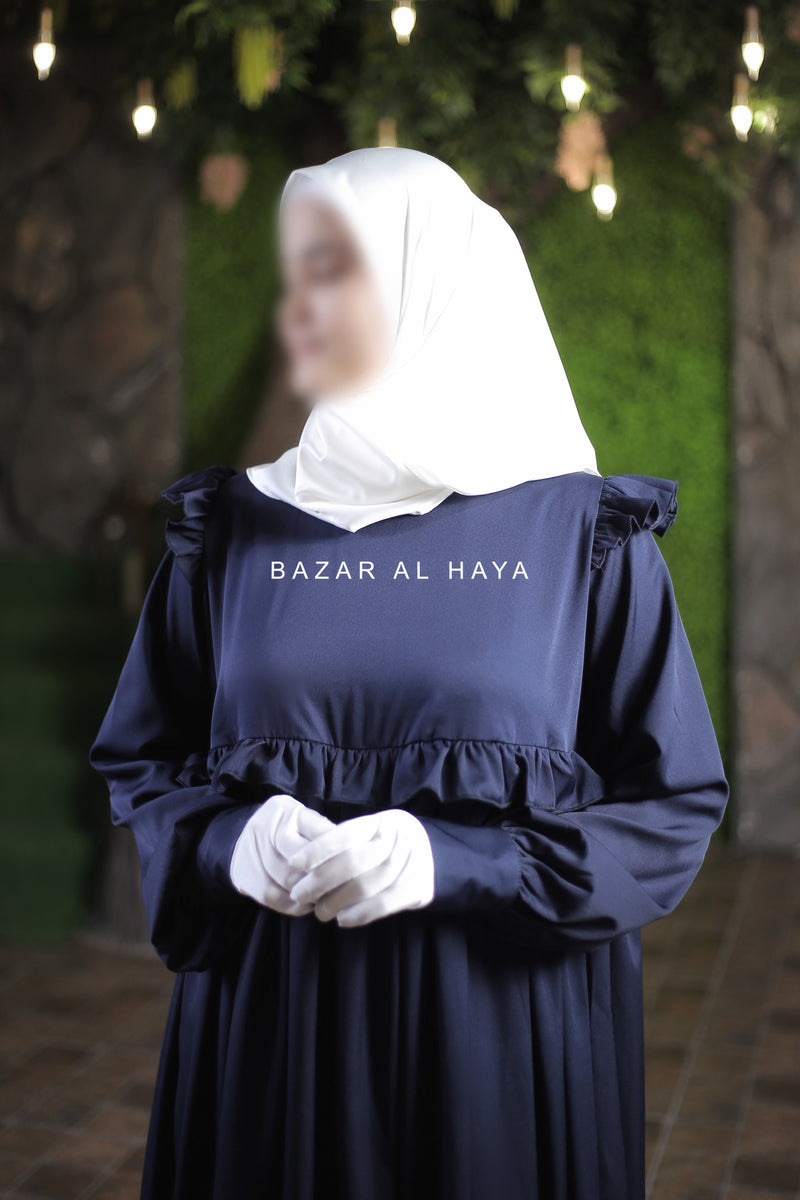 Navy Zaina Ruffle Shoulders & Under Bust Abaya Dress - Soft Silk Crepe