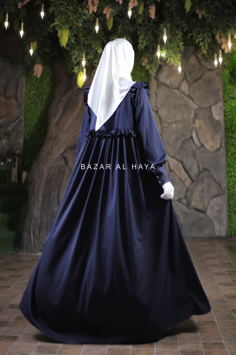 Navy Zaina Ruffle Shoulders & Under Bust Abaya Dress - Soft Silk Crepe