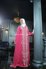 Rassberry Duha Moroccan Embroidered Luxurious Kaftan Abaya With Silk Dress & Belt Set - 3 Piece