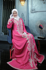 Rassberry Duha Moroccan Embroidered Luxurious Kaftan Abaya With Silk Dress & Belt Set - 3 Piece