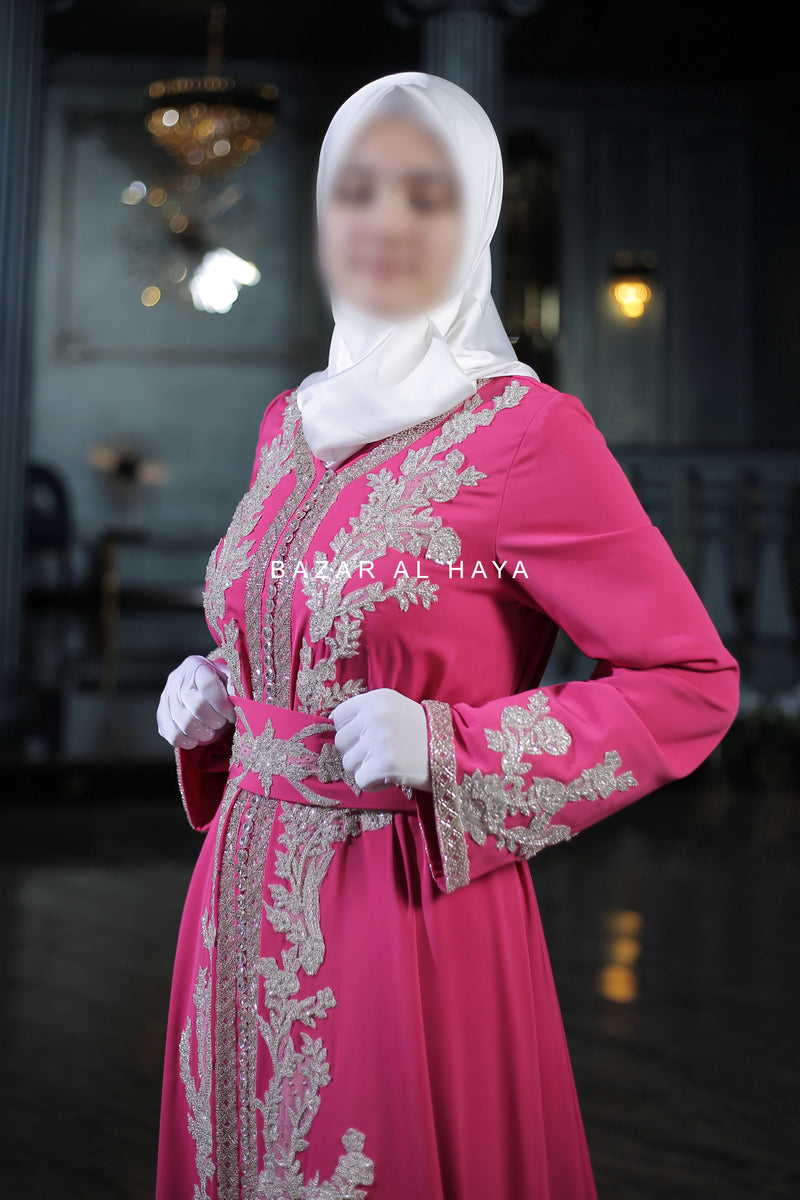 Rassberry Duha Moroccan Embroidered Luxurious Kaftan Abaya With Silk Dress & Belt Set - 3 Piece