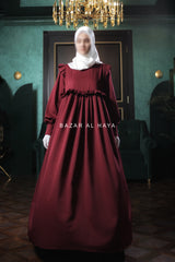 Burgundy Zaina Ruffle Shoulders & Under Bust Abaya Dress - Soft Silk Crepe