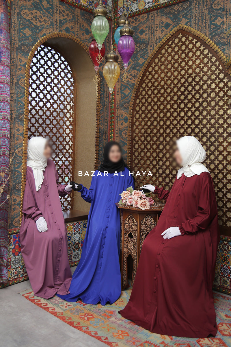 Burgundy Safa Loose - Fit Abaya With Button Front - Silk Crepe