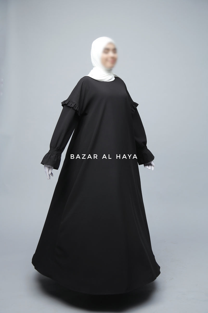 Black Salima Abaya Dress Sleeve Details - Mediumweight Soft Crepe Cotton