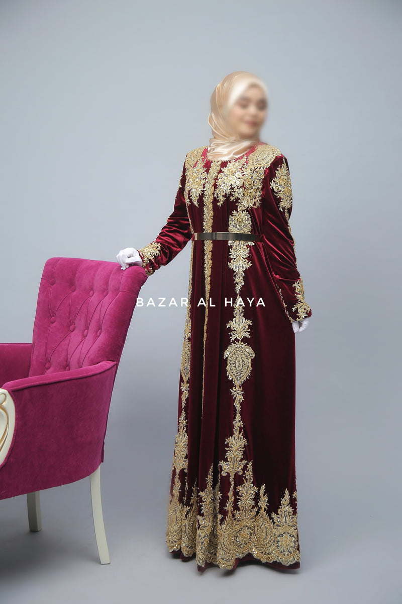 Yusra Moroccan Embroidered Luxurious Velour Kaftan Abaya In Maroon