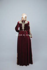 Yusra Moroccan Embroidered Luxurious Velour Kaftan Abaya In Maroon