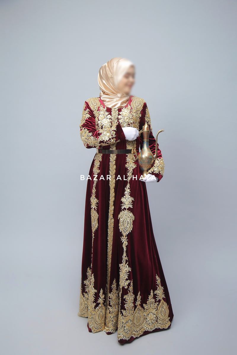 Yusra Moroccan Embroidered Luxurious Velour Kaftan Abaya In Maroon