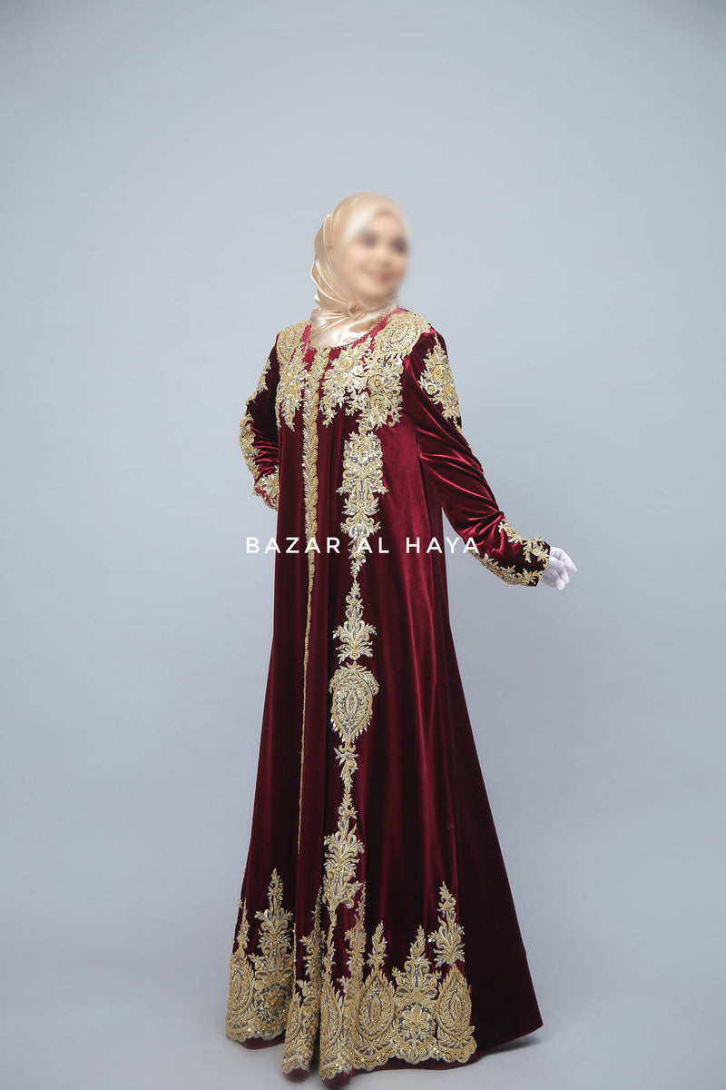 Yusra Moroccan Embroidered Luxurious Velour Kaftan Abaya In Maroon