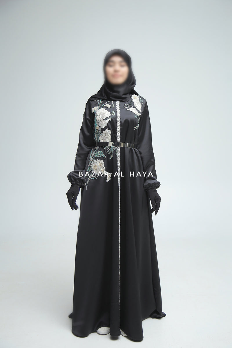 Farha Black Moroccan Embroidered Luxurious Silk Kaftan Abaya