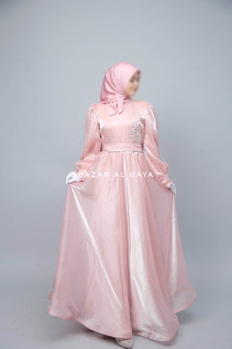 Zehna Pink Organza Luxurious Dress With Bisser Beaded Details For Muslim Occasions