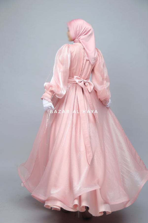 Zehna Pink Organza Luxurious Dress With Bisser Beaded Details For Muslim Occasions