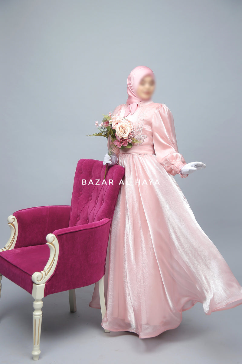 Zehna Pink Organza Luxurious Dress With Bisser Beaded Details For Muslim Occasions