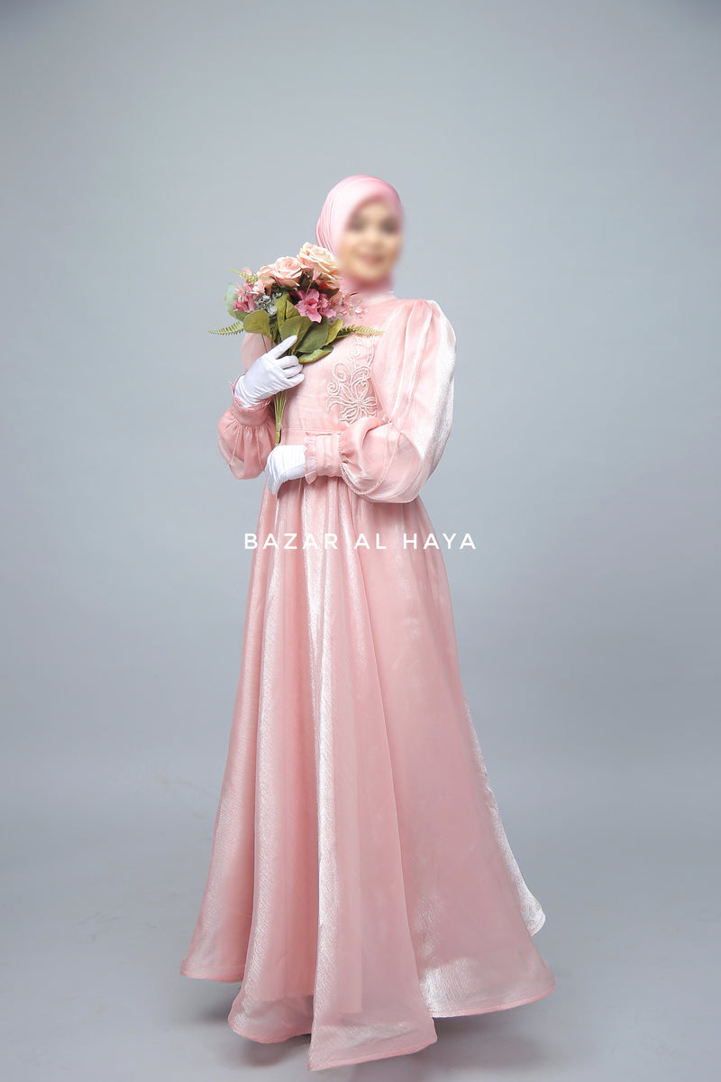 Zehna Pink Organza Luxurious Dress With Bisser Beaded Details For Muslim Occasions