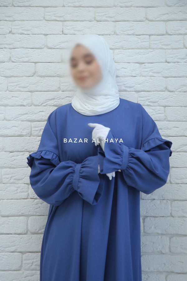 Blue Salima Abaya Dress Sleeve Details - Mediumweight Soft Crepe Cotton