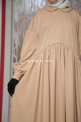 Erina Beige Abaya Dress, Uniqe Round Collar Classic Design - Puff Sleeves