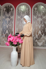 Erina Beige Abaya Dress, Uniqe Round Collar Classic Design - Puff Sleeves