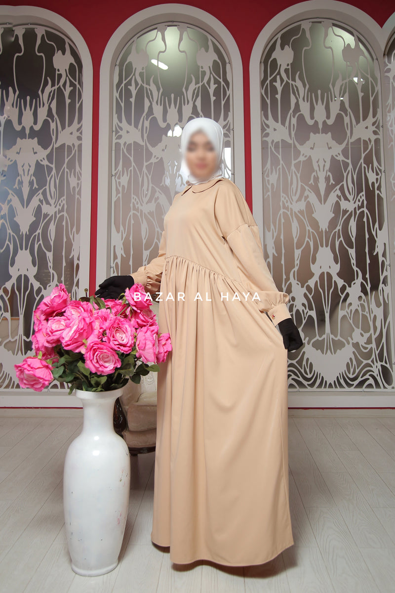 Erina Beige Abaya Dress, Uniqe Round Collar Classic Design - Puff Sleeves