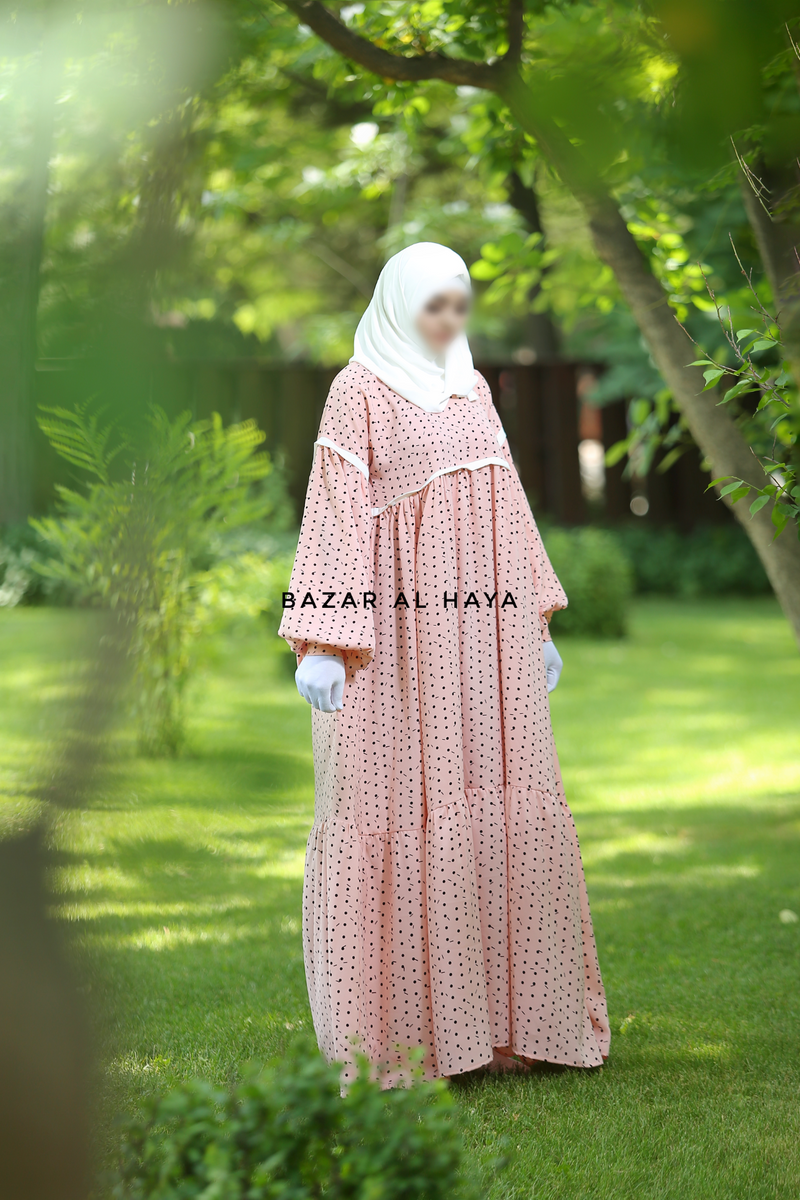 Mubina Pink Polka Dot Tiered Abaya Dress - Loose & Wide In Nida