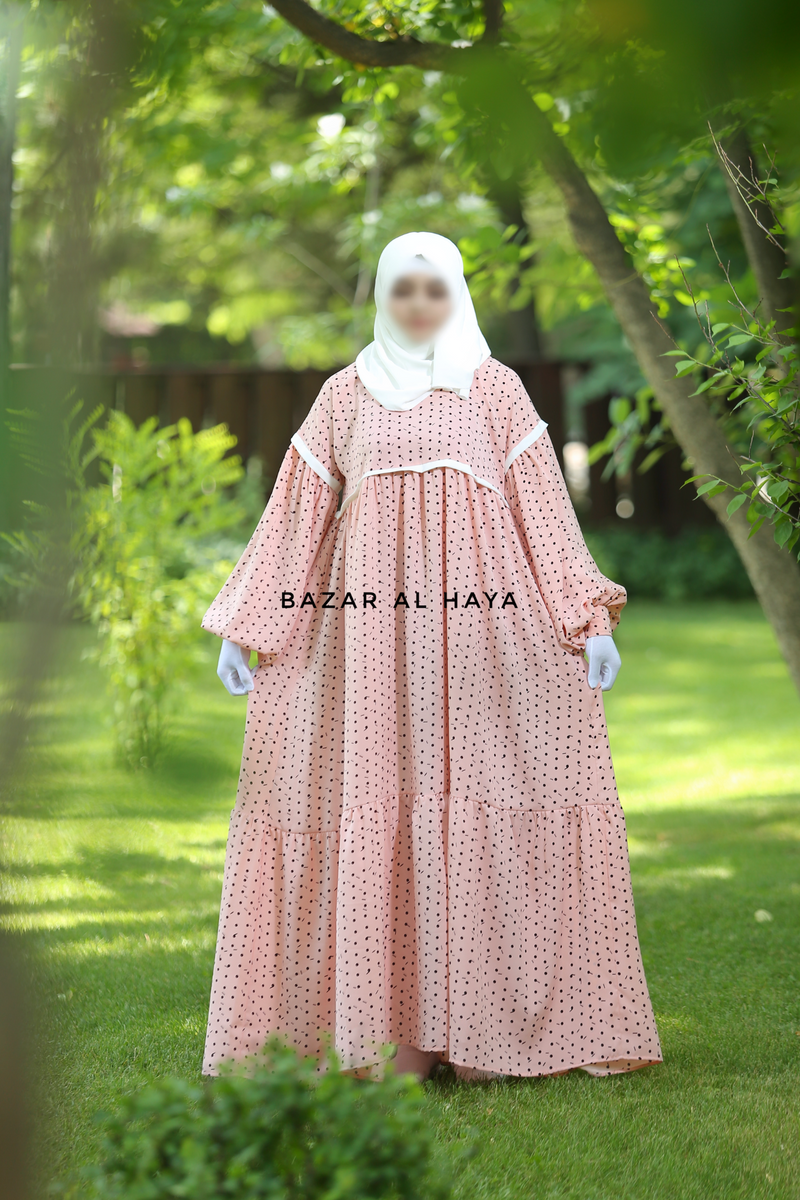 Mubina Pink Polka Dot Tiered Abaya Dress - Loose & Wide In Nida