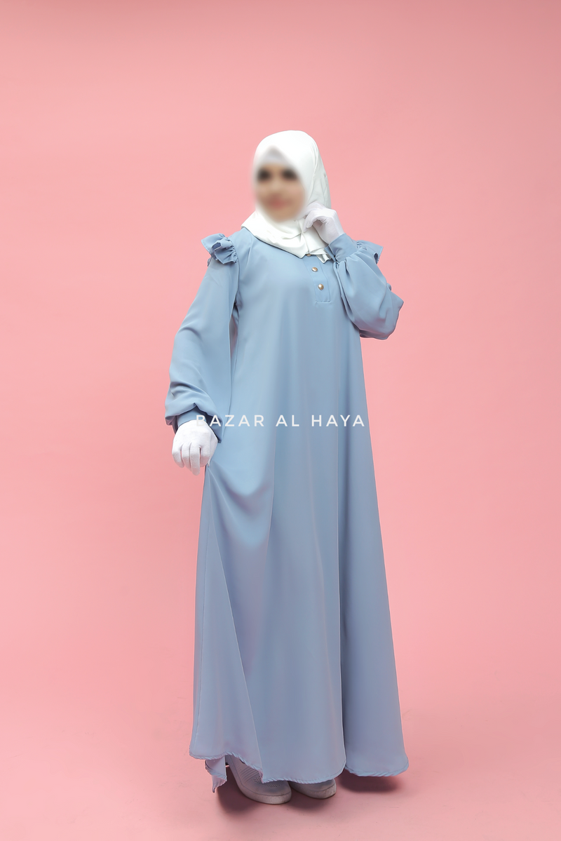 Sky Blue Zaara Lightweight Abaya Dress - Soft Breathable Crepe Cotton - Ruffle Shoulders