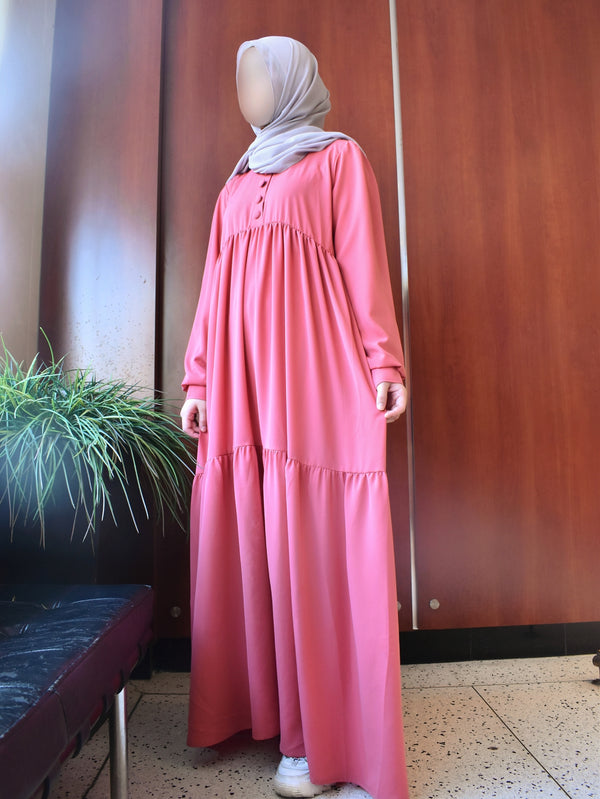 Pink Coral Saha Abaya - Elegant With Front Buttons - Nida