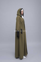 Kalina Dark Olive Hooded Abaya Dress With Pockets - Soft Crepe Cotton