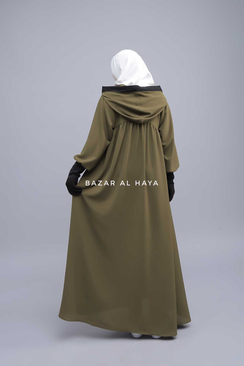 Kalina Dark Olive Hooded Abaya Dress With Pockets - Soft Crepe Cotton